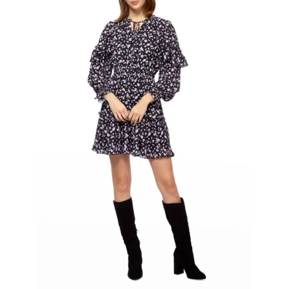 Stellah Tie-Neck Mini Dress Black Floral Print Size Medium NWT